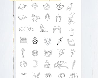 May include: A white sheet featuring 30+ tiny black line art designs including a planet, mushroom, crown, crystals, raven, open book, horse, gem, candle, bat, moon phases, wolf, wings, potion bottle, chest, egg, dragon head, dagger, magic book, key, eye, tail, fairy, wand, moon, rose, and wizard hat.