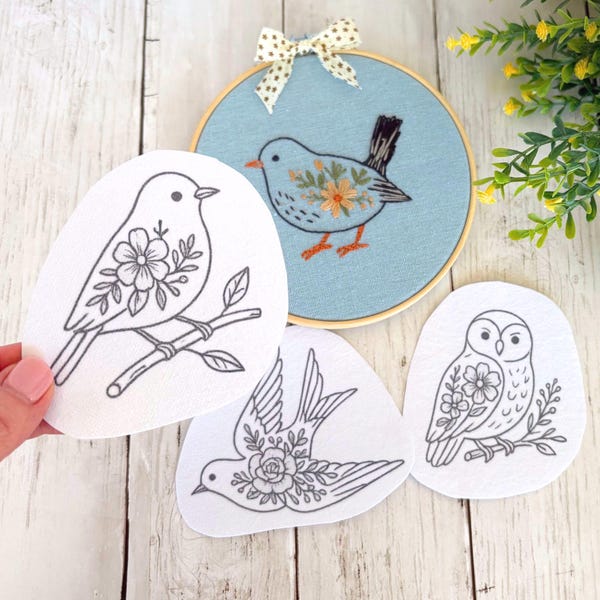 Stick and Stitch Birds Embroidery Pattern, Blue Bird Embroidery Design, Cottage Core DIY Tea Towel Embroidery Gift, Bird Embroidery Hoop Art