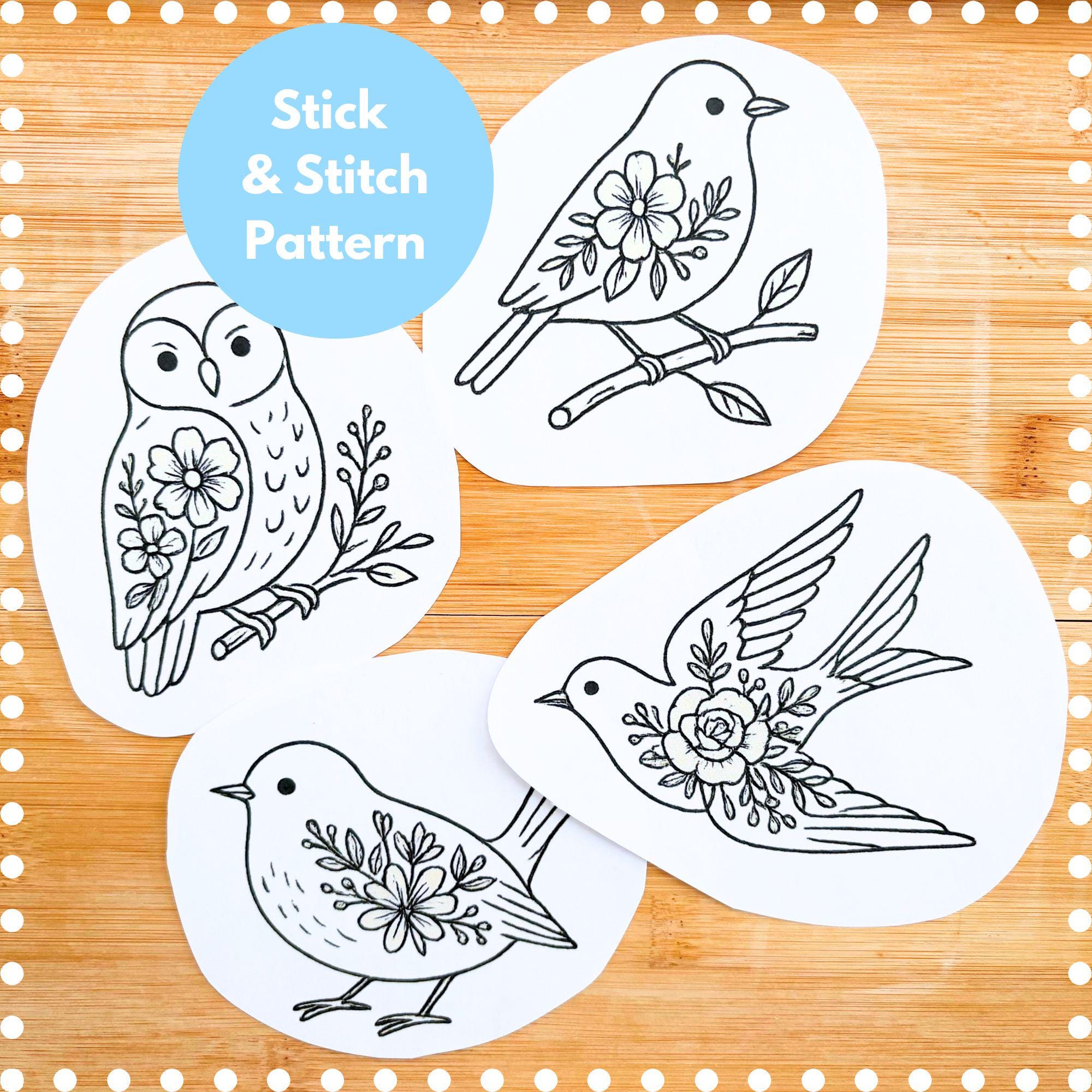 Stick and Stitch Large Floral Birds Embroidery Pattern, 4 Pre-printed ...