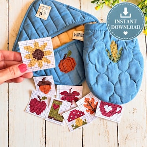 Fall Cross Stitch Pattern PDF, 12 Vintage Autumn Designs for Water Soluble Stick and Stitch, Kitchen Towels, Potholders & Napkins