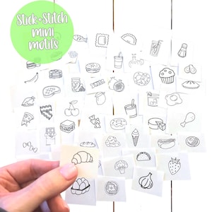 May include: A collection of small, square stickers with black line drawings of various foods, including a croissant, donut, and taco. The stickers are scattered on a white surface. The text "Stick + Stitch mini motifs" is in a green circle.