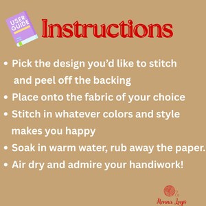 May include: A tan background with red script reading "Instructions". A purple "User Guide" book is in the upper left corner. Instructions include picking a design, placing it on fabric, stitching, soaking in water, and air drying.