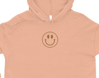 Smiley Face Embroidered Crop Hoodie Sweatshirt