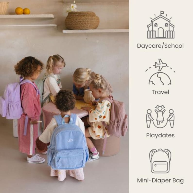 May include: Children's backpacks in various colors, including lavender and light blue, are shown. The backpacks are designed for daycare, school, travel, playdates, and as mini-diaper bags. The image features children gathered around a small table.