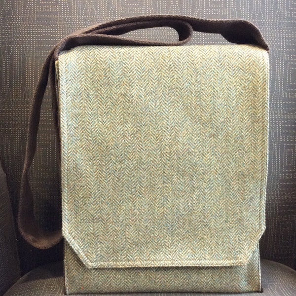 Green Herringbone Wool Messenger Bag