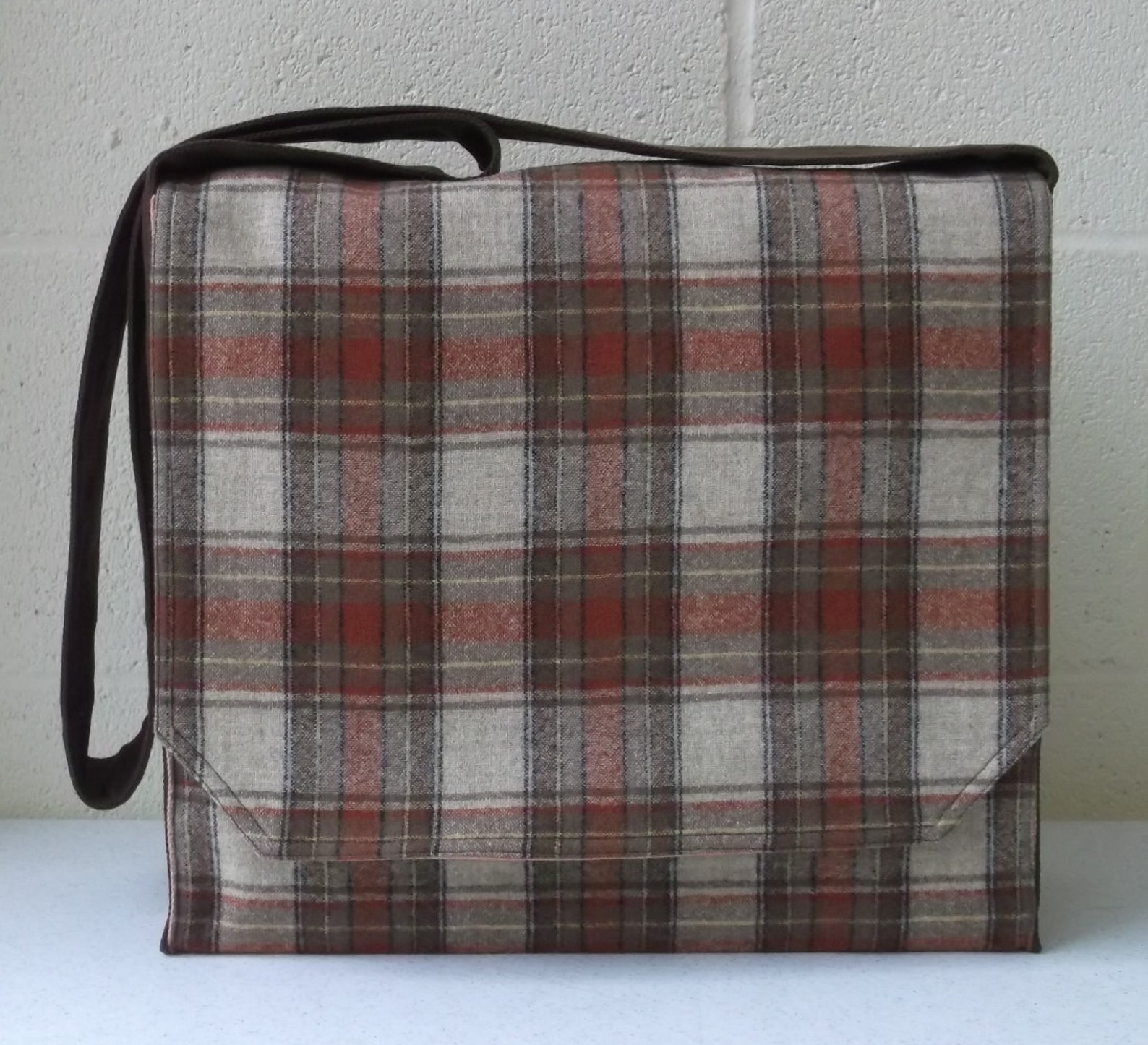 Brown Wool Plaid Large Messenger Bag Etsy UK