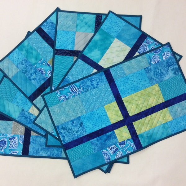 Aqua with Greens Gift Box Quilted Placemats Set of 6
