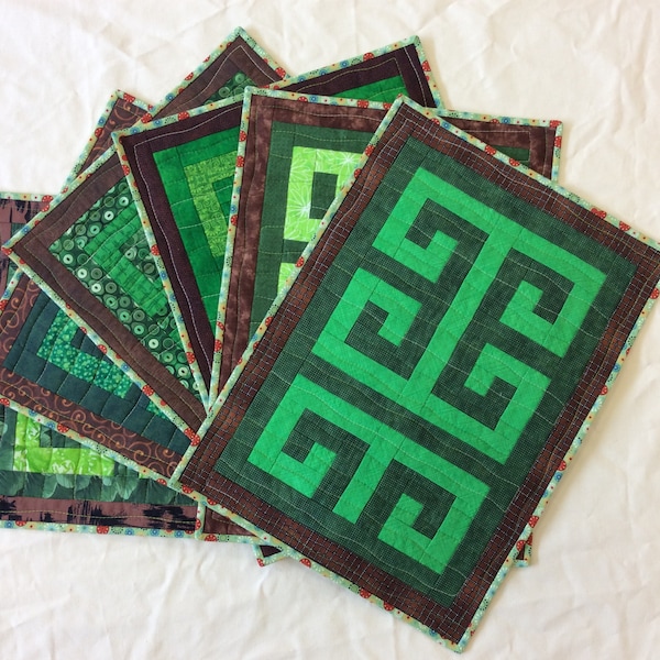 Green Greek Key Quilted Placemats Set of 6