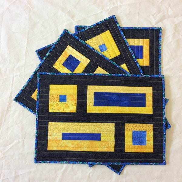 Blue and Yellow Boxes Quilted Placemats Set of 4