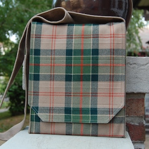 Green and Taupe Plaid Wool Messenger Bag