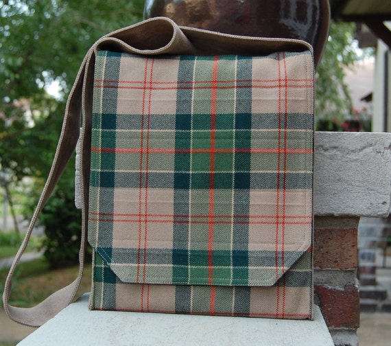 Green and Taupe Plaid Wool Messenger Bag | Etsy