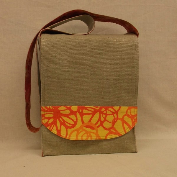 Natural Linen with Orange Messenger Bag