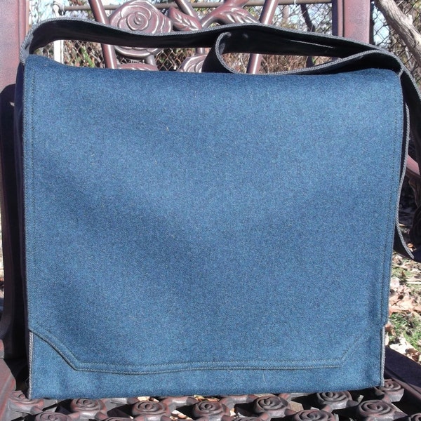 Blue Wool Flannel Large Messenger Bag