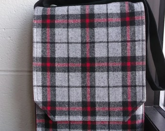 Grey Red & Black Plaid Wool Messenger Bag