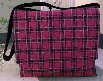 Deep Pink Plaid Wool Messenger Bag