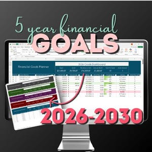 Puede incluir: Un monitor de ordenador muestra un planificador de objetivos financieros para 2026-2030. La pantalla muestra una hoja de cálculo con datos financieros, gráficos y el texto "5 year financial GOALS". Una ventana más pequeña muestra un planificador de objetivos financieros colorido.