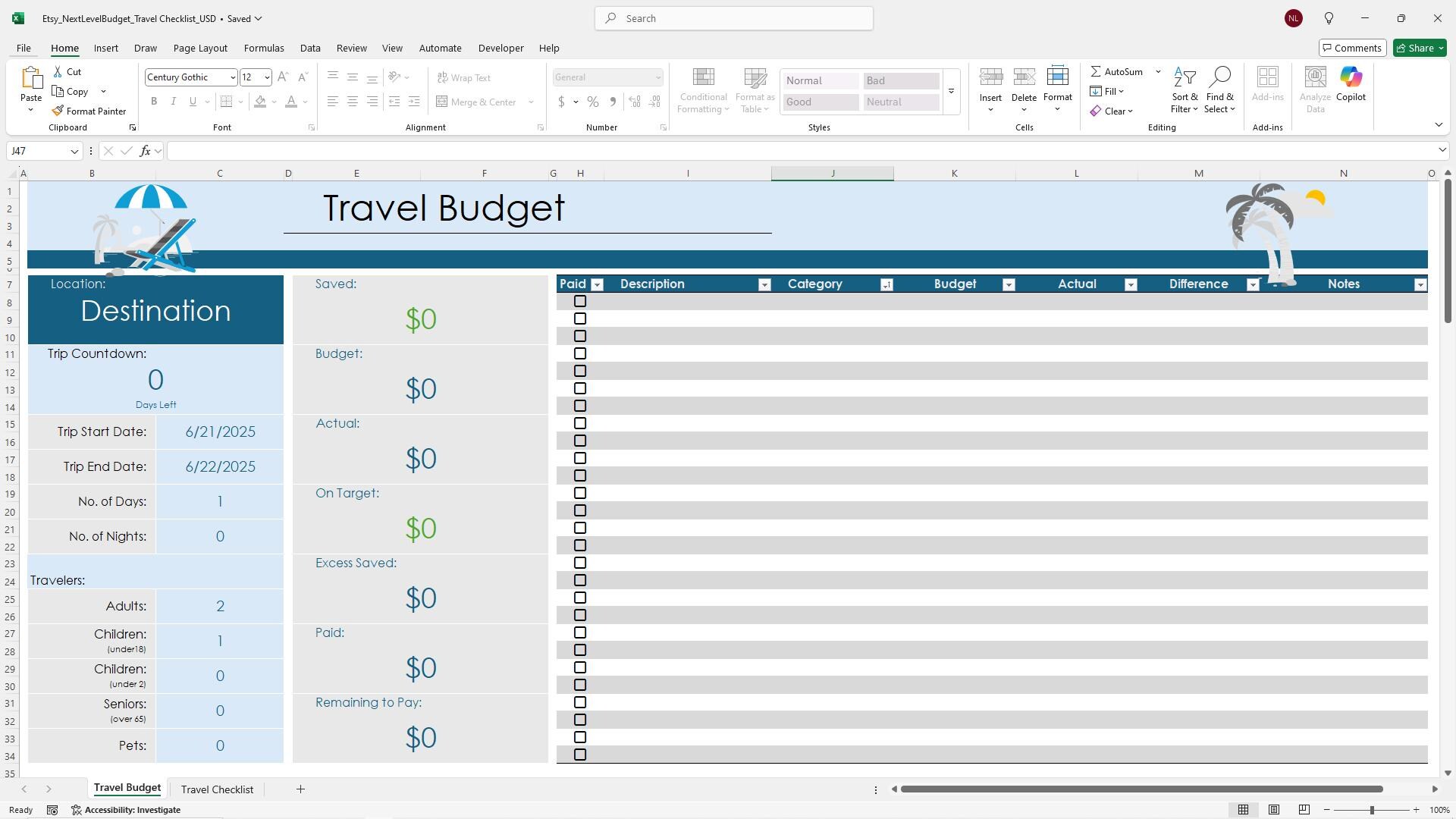 Travel Budget Spreadsheet | Trip Planner Excel Template | Vacation ...
