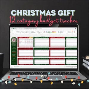 May include: A laptop displays a Christmas gift budget tracker with 12 categories. The screen shows a spreadsheet with red and green sections. The text "CHRISTMAS GIFT" is at the top, with "12 category budget tracker" below it. A string of Christmas lights decorates the bottom.