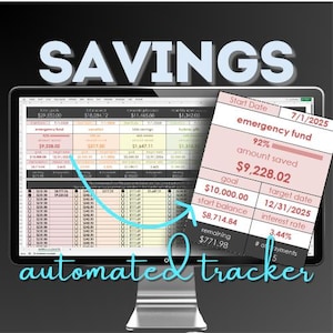 Puede incluir: Un monitor de computadora muestra un rastreador de ahorros con la palabra "SAVINGS" en la parte superior. La pantalla muestra datos financieros, con una tarjeta rosa superpuesta que indica un fondo de emergencia con un 92% ahorrado, totalizando 9.228,02 €. El texto "automated tracker" está en la parte inferior.