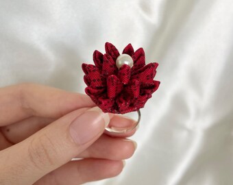 Red Flower Ring | Tsumami Zaiku Japanese Cotton Fabric, Adjustable