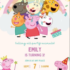 May include: A vibrant birthday invitation with cartoon animal characters and the text "EMILY IS TURNING 3!" with the date and time. The design includes a rainbow, confetti, and a gift box.