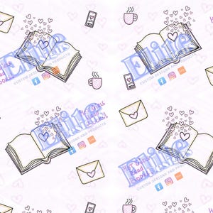Könnte beinhalten: Ein sich wiederholendes Muster mit offenen Büchern mit Herzen, Umschlägen, Kaffeetassen und Smartphones. Der Satz „Hot Girls Read Books“ ist sichtbar. Das Design enthält Social-Media-Symbole und ein Logo.