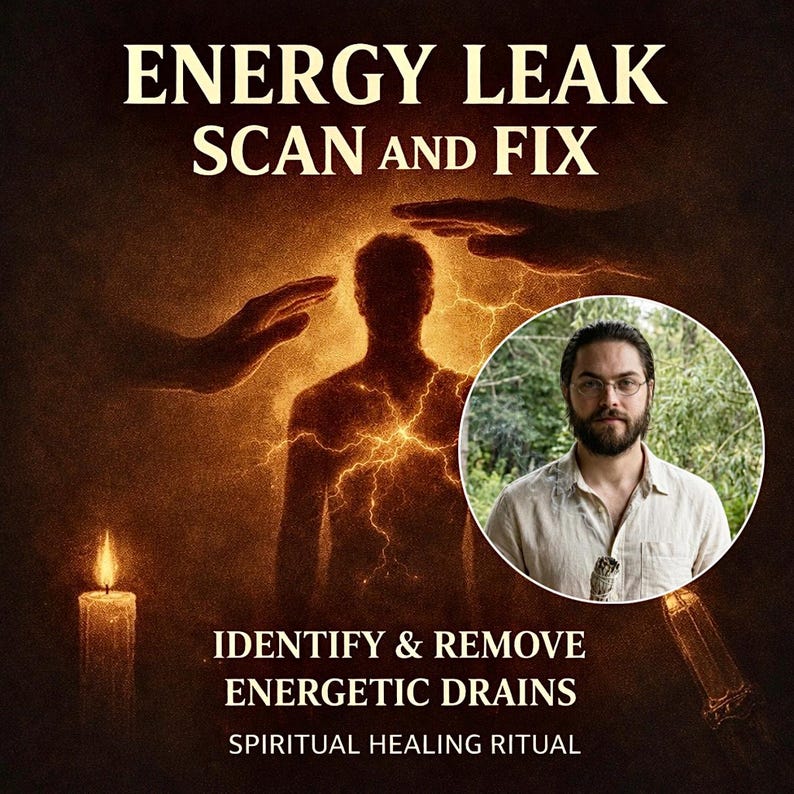 May include: An advertisement for spiritual healing services. The image features the text "ENERGY LEAK SCAN AND FIX" and "IDENTIFY & REMOVE ENERGETIC DRAINS". A silhouette of a person with energy lines is shown, along with a man in a circular frame.