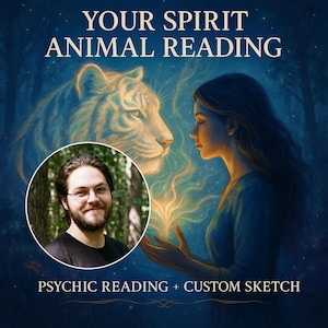 Puede incluir: Ilustración digital con el texto "YOUR SPIRIT ANIMAL READING". Representa a una mujer y un tigre, con un retrato de un hombre en un círculo. El texto "PSYCHIC READING + CUSTOM SKETCH" está en la parte inferior de la imagen.