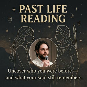 May include: An image with the text "PAST LIFE READING" in gold lettering. The image features two line drawings of women, and a man in a circle holding a microphone. The text "Uncover who you were before - and what your soul still remembers."