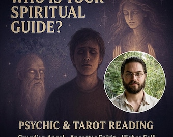 May include: An advertisement for psychic and tarot readings. The image shows the text "WHO IS YOUR SPIRITUAL GUIDE?" above illustrations of spiritual figures and a man in a circular frame. The text "PSYCHIC & TAROT READING" is below, with additional text.
