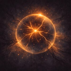 May include: Digital artwork depicting a glowing orange sphere with lightning-like patterns emanating from a central point. The sphere is set against a dark, textured background with scattered light particles.