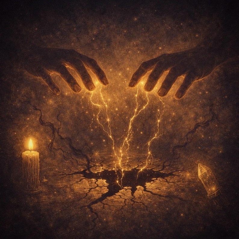 May include: An artistic image of two hands emitting golden energy, forming lightning bolts that hit a cracked surface. A lit candle and a crystal are on either side, against a dark, textured background.