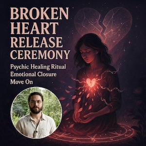 May include: An artistic image promoting a "Broken Heart Release Ceremony." The design features a woman with a glowing heart, a broken heart graphic, and the text "Psychic Healing Ritual Emotional Closure Move On." A portrait of a man is in the lower left.