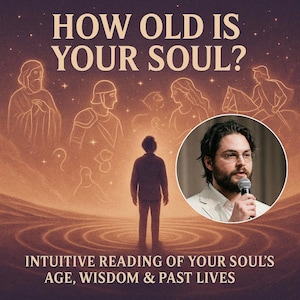 Puede incluir: Un anuncio con el texto "HOW OLD IS YOUR SOUL?" y "INTUITIVE READING OF YOUR SOUL'S AGE, WISDOM & PAST LIVES." La imagen presenta a un hombre hablando a un micrófono, con ilustraciones de figuras y una persona de pie.