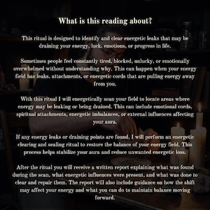 May include: A dark image with text detailing an energy clearing ritual. The text explains the process of identifying and clearing energetic leaks, attachments, and imbalances to restore balance and reduce unwanted energy loss. Two candles are lit.