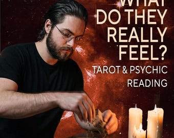 Può includere: Immagine con il testo "WHAT DO THEY REALLY FEEL?" e "TAROT & PSYCHIC READING". Una persona con occhiali e barba versa erbe aromatiche in una piccola ciotola. Candele accese sullo sfondo.