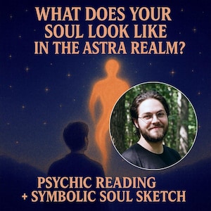 May include: An image with text that reads "WHAT DOES YOUR SOUL LOOK LIKE IN THE ASTRA REALM?" and "PSYCHIC READING + SYMBOLIC SOUL SKETCH." It features an orange silhouette of a person, a person looking at the silhouette, and a man in a circle.