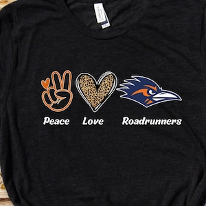 Vier Game Day met deze Peace & Love Roadrunners SVG, Love, Roadrunners svg, UTSA Roadrunners svg, lopers, UTSA, college game day