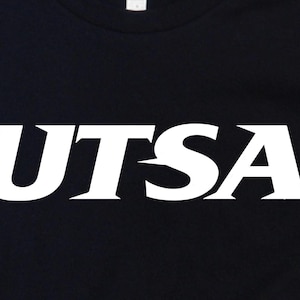 May include: White text on a black background that reads "UTSA".