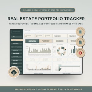 May include: A digital real estate portfolio tracker dashboard featuring charts, graphs, and financial data tables. The interface includes a sidebar menu, property performance metrics, and circular icons for Google Sheets, Microsoft Excel, and YouTube.