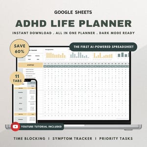 ADHD Life Planner Spreadsheet Template 2025 Daily Planner Google Sheets Sleep Tracker Meal Planner Weekly Planner Spreadsheet Task Tracker