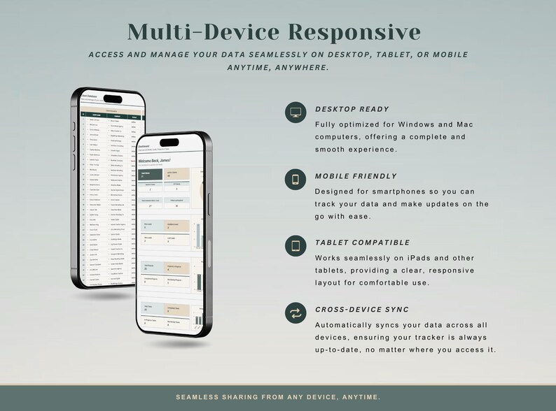 May include: A digital interface display showing Multi-Device Responsive features on two smartphones. Text includes Desktop Ready, Mobile Friendly, Tablet Compatible, and Cross-Device Sync, explaining data management across Windows, Mac, and mobile devices.