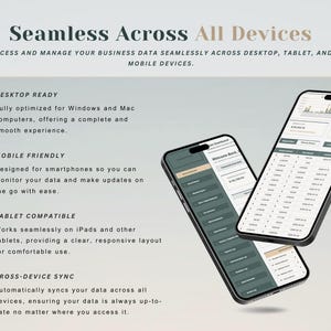 May include: Image showcasing two smartphones displaying business data, with the text "Seamless Across All Devices." The text highlights features like desktop readiness, mobile-friendliness, tablet compatibility, and cross-device sync.