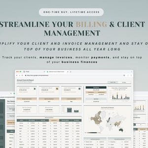 May include: Image promoting business management software. Text reads "Streamline Your Billing & Client Management" and "Simplify your client and invoice management." The image shows a computer screen with financial reports and charts.