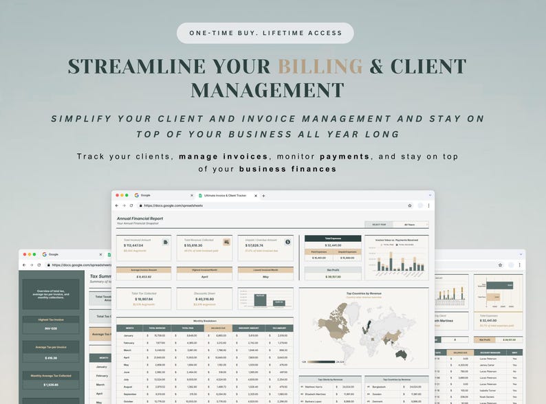 May include: Image promoting business management software. Text reads "Streamline Your Billing & Client Management" and "Simplify your client and invoice management." The image shows a computer screen with financial reports and charts.