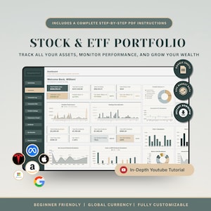 Könnte beinhalten: Ein digitales Dashboard zur Verfolgung von Aktien- und ETF-Portfolios mit Finanzdiagrammen, Leistungskennzahlen und Vermögensaufschlüsselungen. Die Benutzeroberfläche enthält Textbeschriftungen, kreisförmige Symbole für Google Sheets und Live-Daten sowie Firmenlogos.