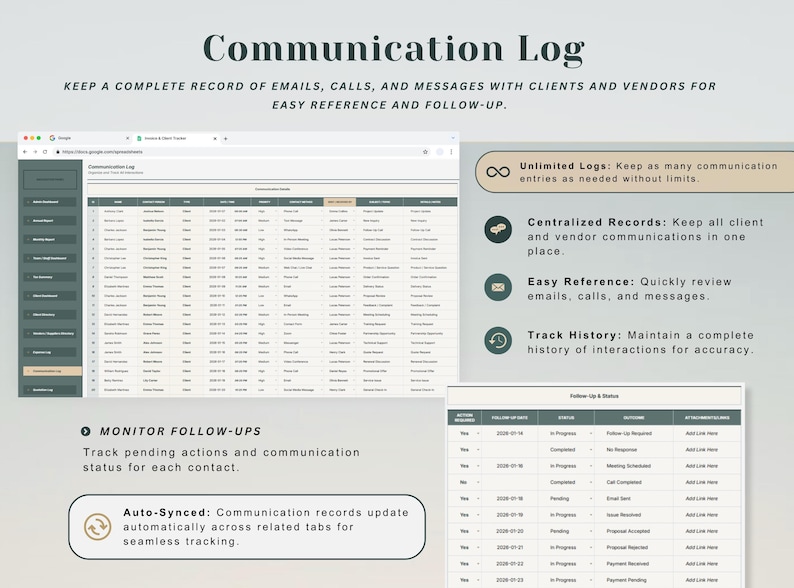 May include: A digital communication log interface with a spreadsheet layout, displaying client and vendor records. The image includes text about tracking emails, calls, and messages for easy reference and follow-up. Features include unlimited logs, centralized records, and auto-syncing.