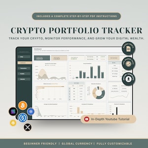 Peut inclure: Un tableau de bord numérique de suivi de portefeuille crypto avec des graphiques, des diagrammes et des tableaux de données financières. L'interface affiche des textes tels que Crypto Portfolio Tracker, Google Sheets, Live Market Data et In-Depth Youtube Tutorial.