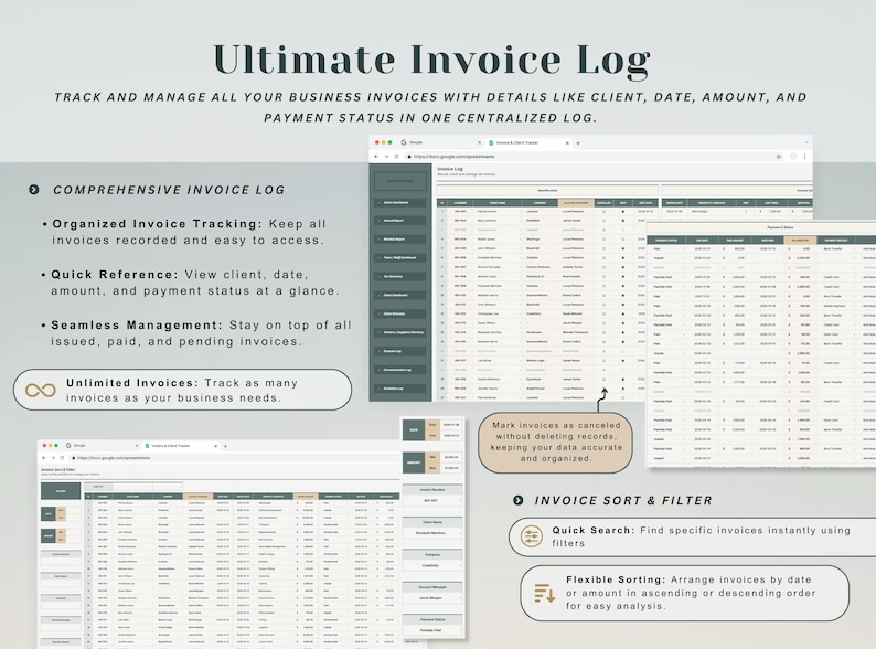May include: Digital invoice log with the title "Ultimate Invoice Log". The image displays a spreadsheet interface with features like organized tracking, quick reference, and seamless management. Text highlights unlimited invoices and invoice sorting.