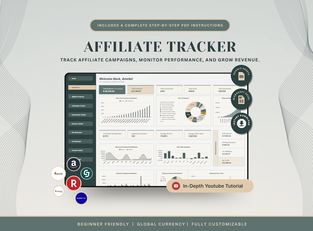 Affiliate Marketing Tracker Spreadsheet Small Business Google Sheet Planner Freelance Excel ...
